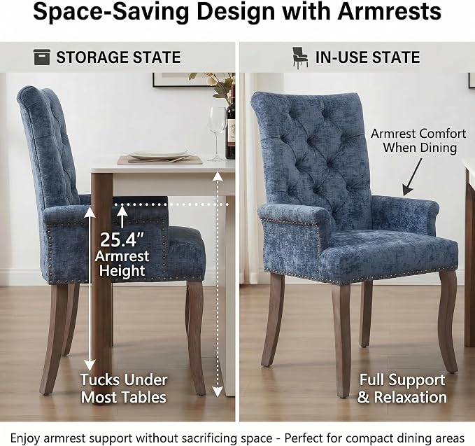 Upholstered Dining Chairs with Arms, Blue, 1 Pack | Tufted Chenille Kitchen Chairs with Arms, Modern Farmhouse Armchair with Nailhead Trim for Dining Room, Home Office