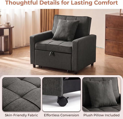 3-in-1 Convertible Sleeper Chair, Pull Out Single Sofa Bed with 3 Adjustable Backrest Angle & Pillow, Foldable Compact Reclining Sofa Bed for Small LivingRoom, Apartment, Home Office, Gray