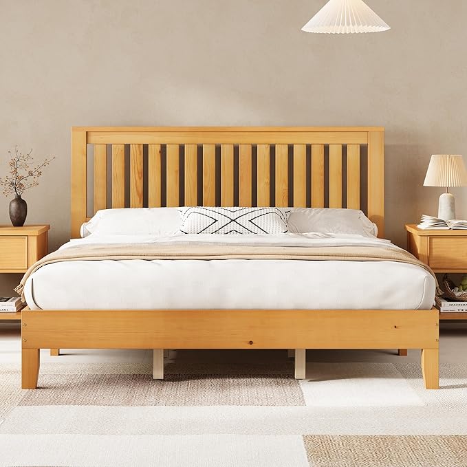 AMERLIFE King Bed Frame, Solid Wood Platform Bed with Vertical Slats Headboard, Wooden Bedframe King-Size, Sturdy Wooden Slats Support, No Box Spring Needed, Noise Free, Light Wood