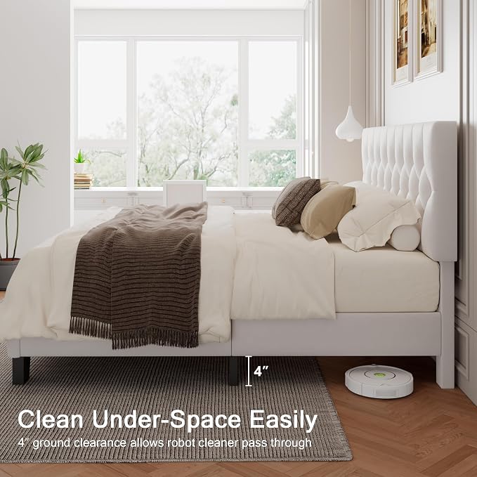 Einhomn Full Upholstered Bed Frame with Headboard, Button Tufted Linen Bed Base, Platform Bed with Wood Slat, Heavy Duty, Easy Assembly, No Box Spring Needed, White