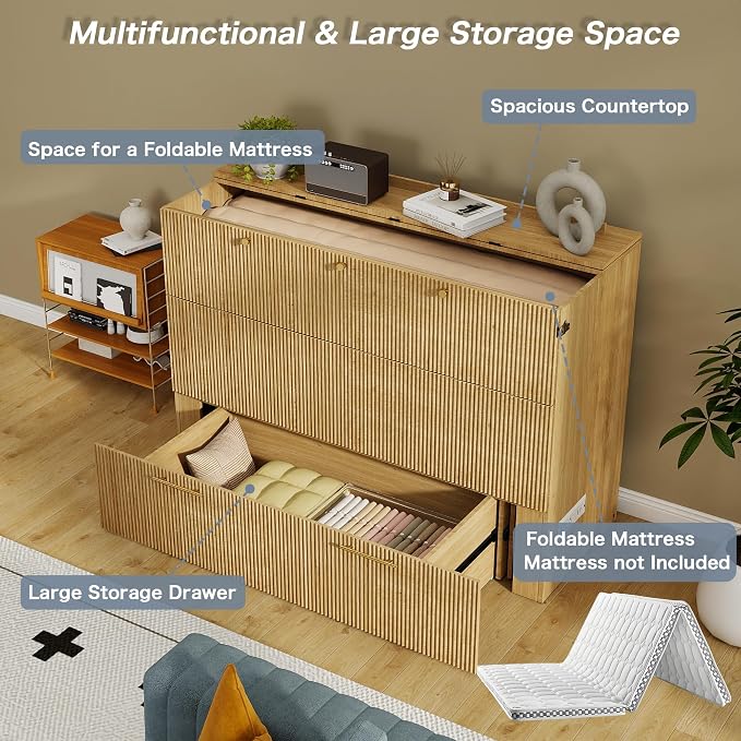 Full Size Murphy Bed Cabinet: Oak Murphy Bed with Charging Station, Wood Cabinet Bed with Large Drawers for Guest Room, Living Room and Office