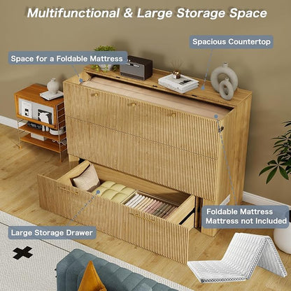 Full Size Murphy Bed Cabinet: Oak Murphy Bed with Charging Station, Wood Cabinet Bed with Large Drawers for Guest Room, Living Room and Office