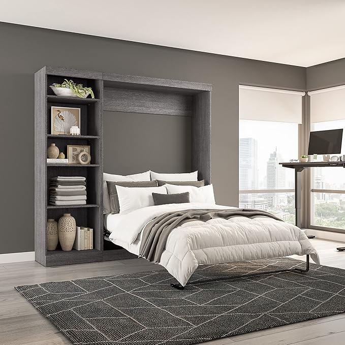 Bestar Pur Full Murphy Bed with Shelving Unit, 84-inch Space-Saving Wall Bed for Multipurpose Room