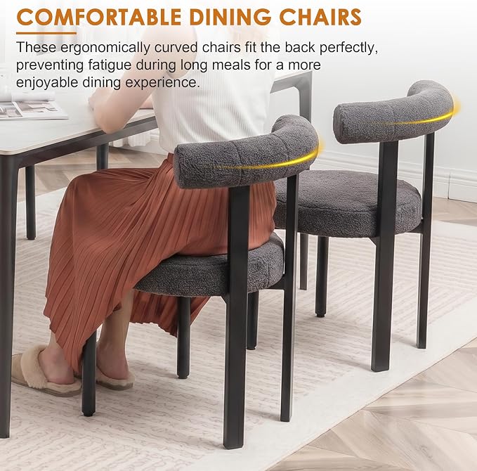 Boucle Dining Chairs Set of 2, Mid Century Modern Dining Room Chairs with Curved Backrest and Black Metal Legs, Upholstered Round Dining Accent Chairs for Kitchen, Living Room, Bedroom (Gray)