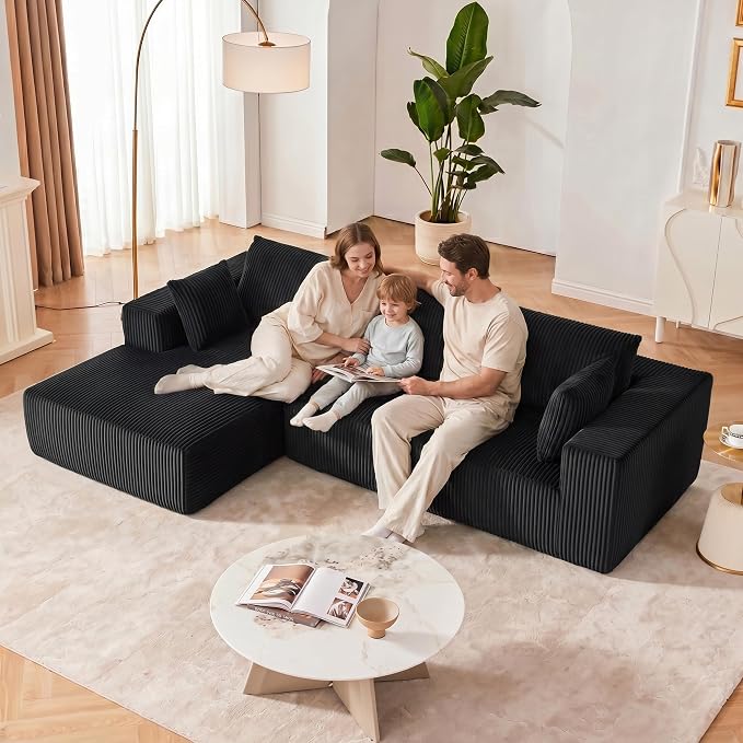 108” Modular Sectional Sofa, Cloud Sectional Couch with Deep Seat, Modern Modular L-Shape Sofa Couch with Chaise,Upholstered Boneless Couches for Living Room Bedroom (Black, Left Facing Chaise)