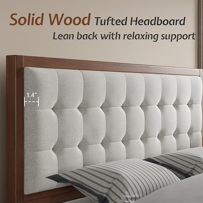 Jocisland Solid Wood King Size Bed Frame 50.2" Tall Upholstered Headboard, Mid-Century Style, Stable Platform Support, No Box Spring Needed, Walnut