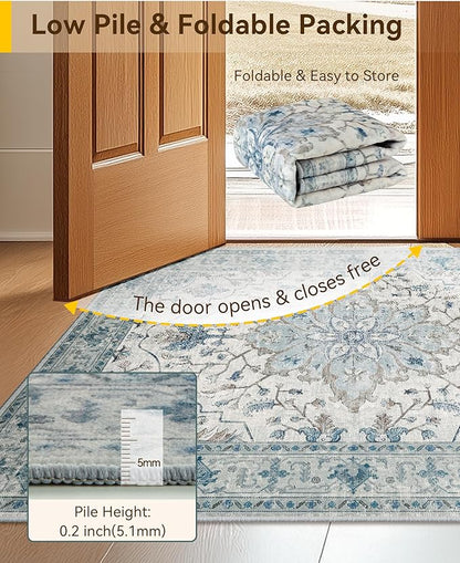 RELEANY Area Rugs 3'x4' Washable Non-Slip, Floral Vintage Distress Medallion Carpet for Living Room Bedroom Dining Room, Light Blue Navy Gray White