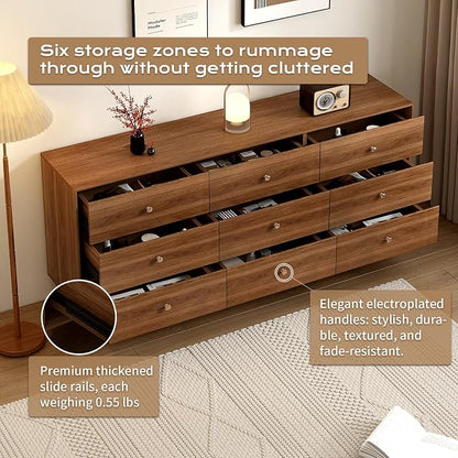 Messenya 9 Drawer Dresser for Bedroom, 63 Inch Walnut Dresser for Closet, Mid Century Wood Chest of Drawers with Natural Texture & Pre-Embedded Slots for TV Stand, Living Room, Hallway, Office