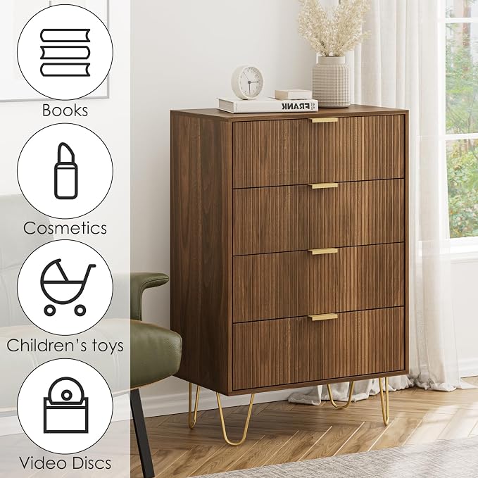 Masupu 4 Drawer Dresser, Drawer Chest, Tall Storage Dresser Chest Cabinet Organizer Unit with Gold Metal Legs, Nightstand for Bedroom, Living Room, Closet, Hallway Walnut Stripe
