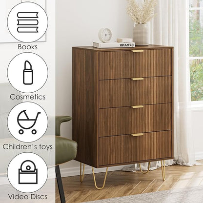 Masupu 4 Drawer Dresser, Drawer Chest, Tall Storage Dresser Chest Cabinet Organizer Unit with Gold Metal Legs, Nightstand for Bedroom, Living Room, Closet, Hallway Walnut Stripe