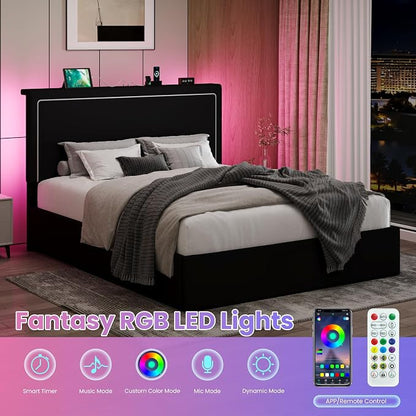 SHA CERLIN Full Size Hydraulic Lift-Up Storage Platform Bed Frame with Charging Station, RGB LED Lights, Adjustable Velvet Headboard, USB-A and USB-C Ports, No Box Spring Needed, Black