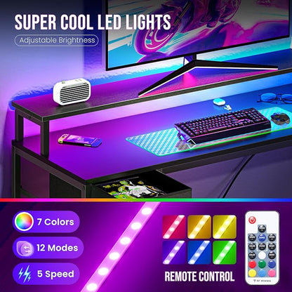 DUMOS 47" Gaming Desk with USB Charging Ports & LED Lights, Reversible L-Shaped Corner Computer Table for Small Spaces, Power Outlets, Monitor Stand & Storage Shelves Included, Black
