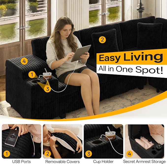 KEIKI 110" L-Shaped Oversized Plush Corduroy Modular Sectional Sofa with Pull-Out Bed, Convertible 6-Seater Sleeper Couch Bed with 1 Ottomans & USB & Cup Holders, Easy Assembly, for Living Room, Black