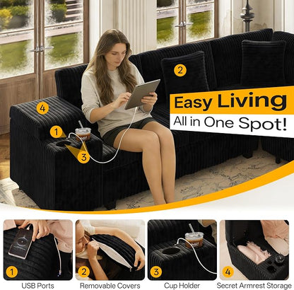 KEIKI 110" L-Shaped Oversized Plush Corduroy Modular Sectional Sofa with Pull-Out Bed, Convertible 6-Seater Sleeper Couch Bed with 1 Ottomans & USB & Cup Holders, Easy Assembly, for Living Room, Black