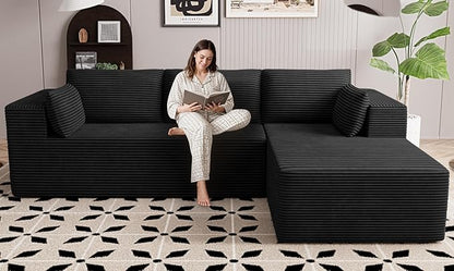 GRUSIGN106 Cloud Sectional Boneless Couch for Living Room, Modular L Shaped Couches with Oversized Right Facing Chaise, Memory Foam Compressed Spineless Deep Seat 3 Seater Sofa for Apartment, Black