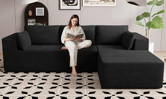 GRUSIGN106 Cloud Sectional Boneless Couch for Living Room, Modular L Shaped Couches with Oversized Right Facing Chaise, Memory Foam Compressed Spineless Deep Seat 3 Seater Sofa for Apartment, Black