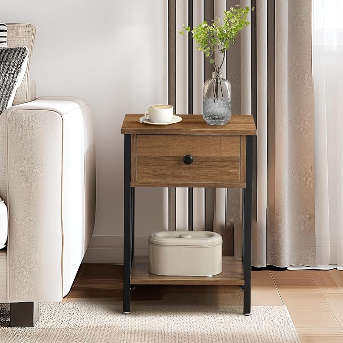 VECELO Nightstand,Modern Bedside End Table, Night Stand with Drawer and Storage Shelf for Living Room Bedroom, Industrial Metal Frame