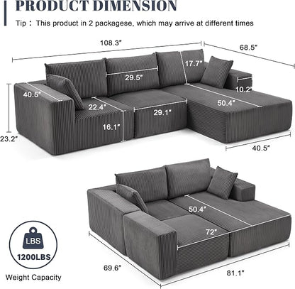 Weture 108” Modular Sectional Sofa, Cloud Sectional Couch with Deep Seat, Modern Modular L-Shape Sofa with Chaise,Upholstered Boneless Couches for Living Room Bedroom (Corduroy, Darkgrey)