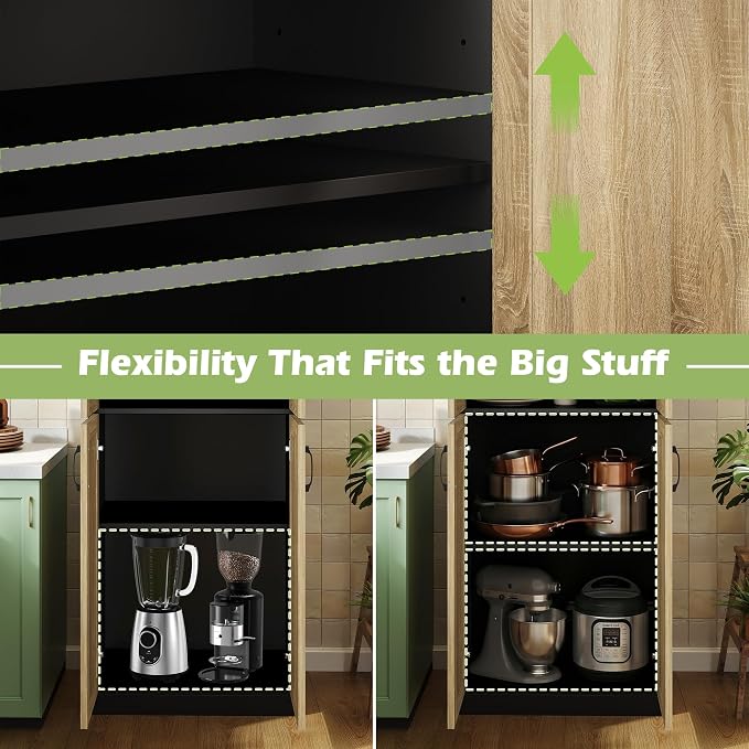 JASIWAY Rattan Pantry Cabinet, 67" Tall Kitchen Storage Cabinet with Doors | Adjustable Shelves, Wicker Linen Closet Cupboard for Laundry, Bathroom, Black