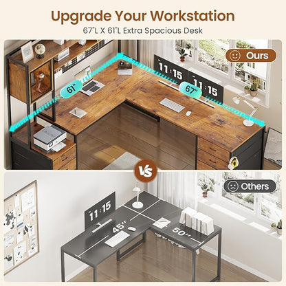 SEDETA L Shaped Gaming Desk with 6 Drawers, Reversible Computer Office Desk with File Drawer, Hutch, Storage Shelves, Gaming Corner Desk with Led Lights, Power Outlet for Two Person, Rustic Brown