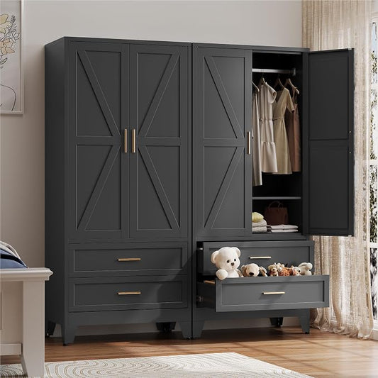 Baborokic Metal Wardrobe Cabinet with Hanging Rod,71" Armoire Wardrobe Closet with Adjustable Shelves,Farmhouse Steel Clothing Storage Cabinets for Bedroom,Office,Laundry Room Black