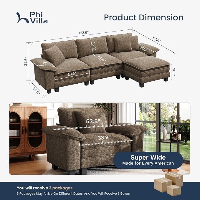 PHI VILLA Cloud Modular Couch Sets, 123.6" Sectional Sofa with L-Shaped Chaise, 4-Seater Upholstered Couches with Movable Ottoman for Living Room, Chenille Grayish Brown