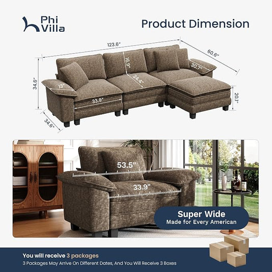 PHI VILLA Cloud Modular Couch Sets, 123.6" Sectional Sofa with L-Shaped Chaise, 4-Seater Upholstered Couches with Movable Ottoman for Living Room, Chenille Grayish Brown