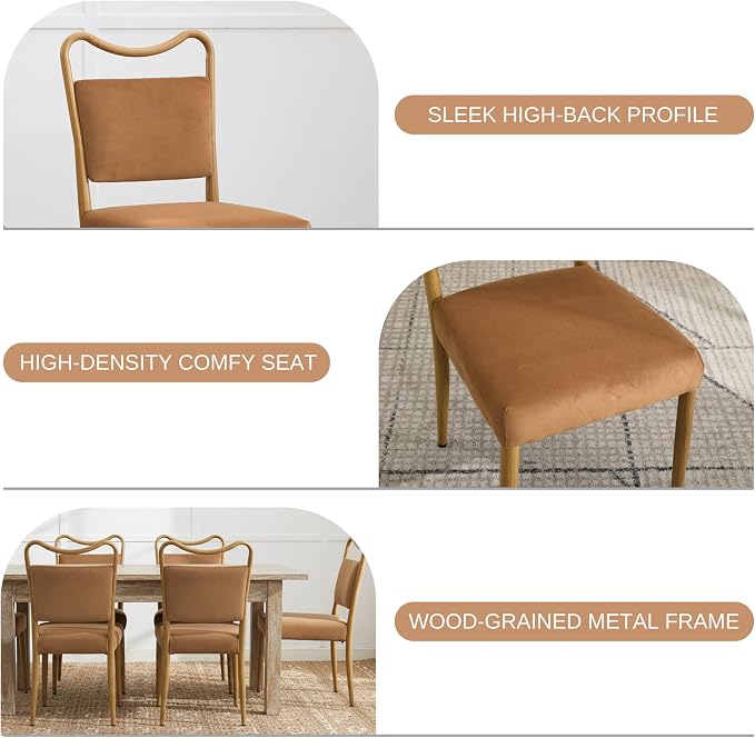 Velvet Dining Chairs Set of 4, Upholstered Dining Chairs with Wood Grained Metal Frame, Mid Century Modern Velvet Chairs for Dining Room, Kitchen and Restaurant,Velvet Brown