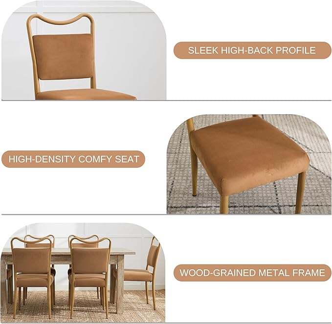 Velvet Dining Chairs Set of 2, Upholstered Dining Chairs with Wood Grained Metal Frame, Mid Century Modern Velvet Chairs for Dining Room, Kitchen and Restaurant,Velvet Brown
