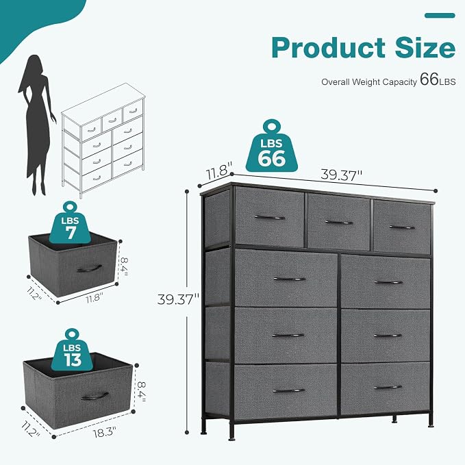 OLIXIS 9-Drawer Fabric Storage Dresser Chest Organizer Unit, Grey | Sturdy and lightweight fabric drawers with easy-pull handles,Space-saving versatile organizer for clothes, bedroom