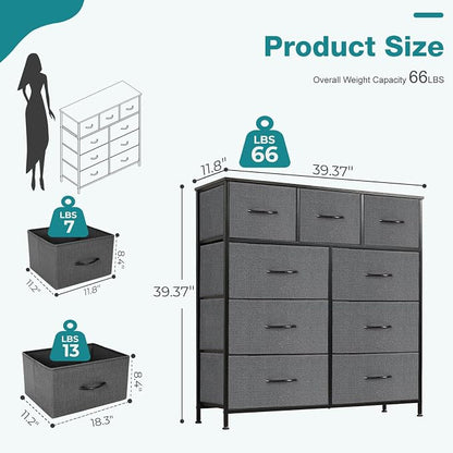 OLIXIS 9-Drawer Fabric Storage Dresser Chest Organizer Unit, Grey | Sturdy and lightweight fabric drawers with easy-pull handles,Space-saving versatile organizer for clothes, bedroom