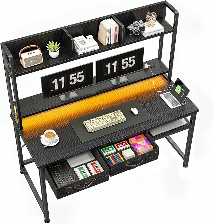 DurayLoly Computer Desk with Shelves and Drawers for Bedroom,Black | Neck&Waist Strain Relief Monitor Stand, Vision-protect RGB LED Suited for Students&Office Sitters