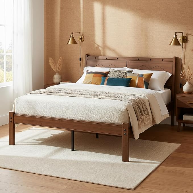 RLDVAY Queen Bamboo Platform Bed, Mid-Century 14" Queen Bed Frame, Walnut Bed Frame Queen Size with Solid Headboard/Footboard, Sturdy Metal Slats Support, No Box Spring Needed, Easy Assembly