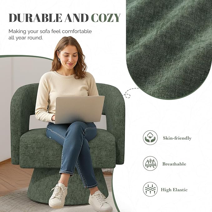 Luxanimarion Swivel Barrel Accent Chair,Oversized Chenille Upholstered Round Swivel Chair,Modern Luxury 360 Degree Living Room Vanity Chair for Bedroom Office,Green,2PCS