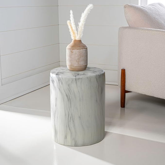 JONATHAN Y Troy Modern 17" Faux Marble Cylinder Accent Table, Round Pedestal End Table and Decorative Indoor Stool for Living Room, Small Minimalist Drum Side Table, White and Black TBL1101A