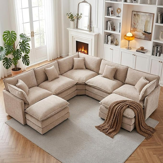 Oversized Modular Sectional Cloud Sofa: 114" V-Shaped Modular Cloud Couch, 7 Seater Comfy Couch with Ottomans and Pillows, Chenille Deep Seat Couch for Living Room,Bedroom,Apartment,Large Space,Camel