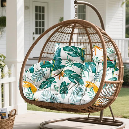 Double Egg Chair Cushion Replacement Waterproof for Outdoor Patio Hanging Basket Egg Chairs, 59x43-Inch Thickened 100% Cotton Large Double Eggs Swing Chair Cushions, Yellow-Green Leaf