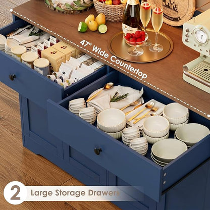 HIFIT 71" LED Kitchen Pantry Cabinet with Power Outlet, Large Kitchen Hutch Cabinet with 2 Storage Drawers & Arched Door, Countertop & Hooks, Tall China Bar for Dining Living Room (Blue)