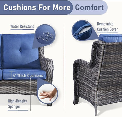 Outdoor Couch All Weather PE Wicker Patio Sofa Outdoor Sofa Deep Seating for Porch Deck Backyard-Grey/Blue