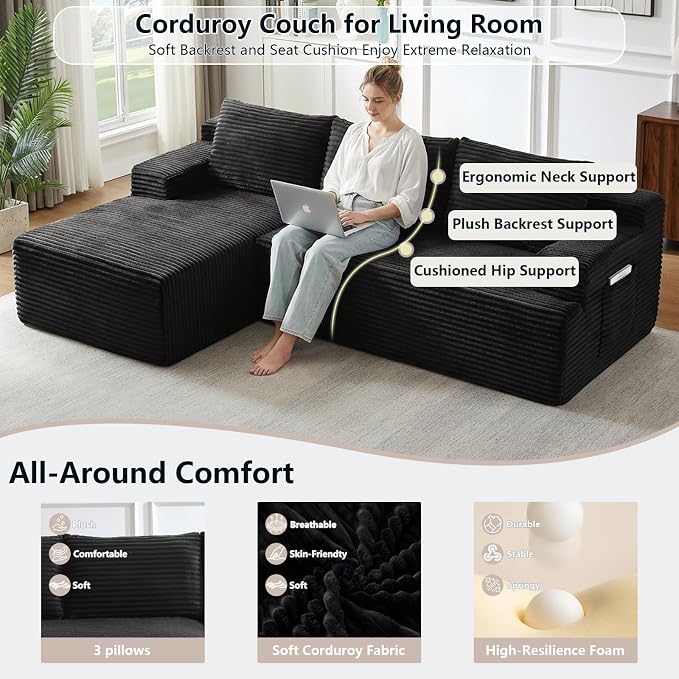 96" Cloud Sectional Couch with L-Shape Chaise, Modular Comfy Sofa Chaise Longue, Upholstered Corduroy Couches Sleeper with Deep Seat for Living Room Bedroom, No Assembly Required(Black, Left Facing)