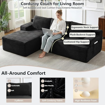96" Cloud Sectional Couch with L-Shape Chaise, Modular Comfy Sofa Chaise Longue, Upholstered Corduroy Couches Sleeper with Deep Seat for Living Room Bedroom, No Assembly Required(Black, Left Facing)