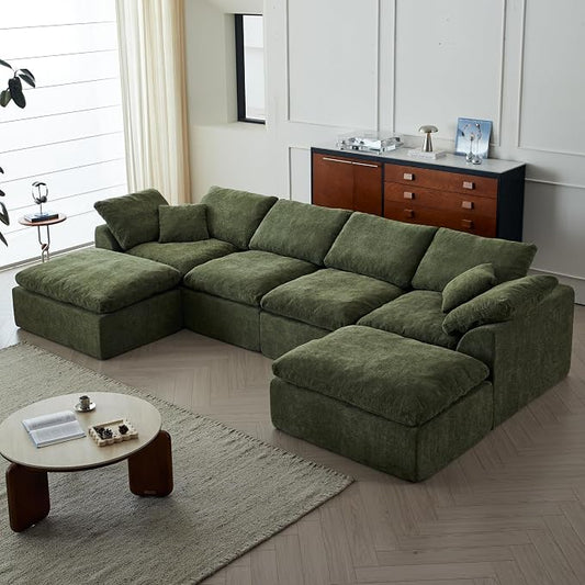 138" Boneless Cloud Couch Sectional for Living Room, Oversized Modular U Shaped Sofa with Double Chaise, Deep Seat Chenille Sectional Couch for Cloud-Like Comfort (6-Seater Green)