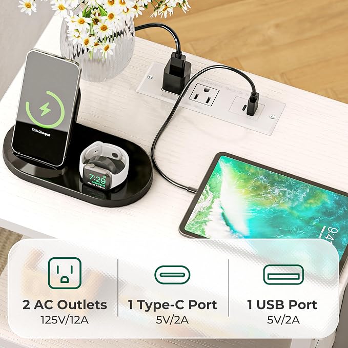 Huuger Nightstand with Charging Station, Side Table with 2 Fabric Drawers, End Table with Open Shelf, Bedside Table with USB-C Port and Outlets, Night Stand, PU Leather, White