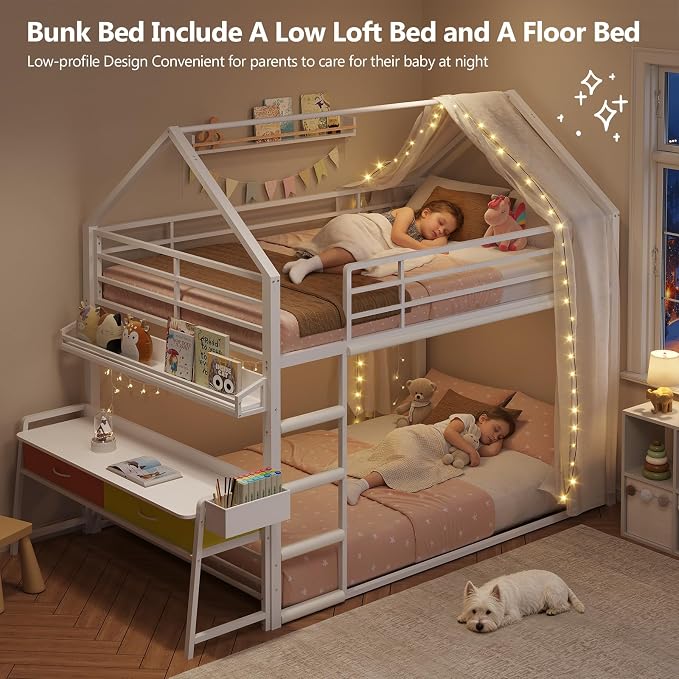 DICTAC Twin Over Twin Low Bunk Bed with Desk and Drawers, White | Metal House Shaped Low Bunk Bed, 2 Storage Drawers, Bookshelf and Side Pocket, Floor Bunk Bed with 13.4''H Safety Guardrail