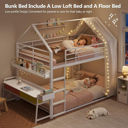 DICTAC Twin Over Twin Low Bunk Bed with Desk and Drawers, White | Metal House Shaped Low Bunk Bed, 2 Storage Drawers, Bookshelf and Side Pocket, Floor Bunk Bed with 13.4''H Safety Guardrail