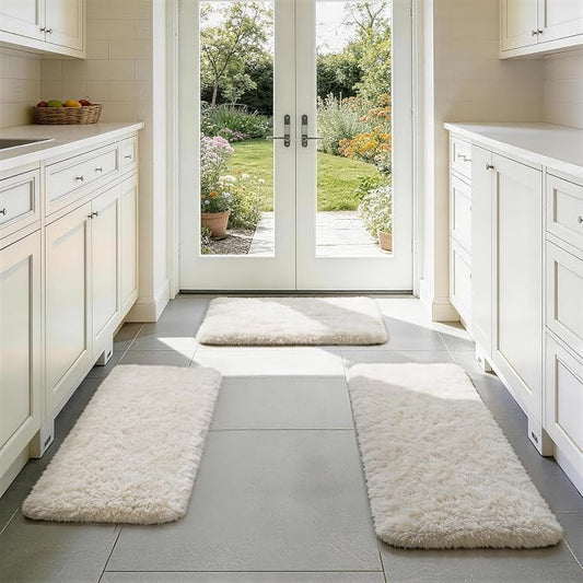Ophanie Small Rug Washable Non Slip Throw Bedside Area Rugs, Fluffy Soft Mini Bedroom Carpet, 1.5x2.5，1.5x4 and 1.5x5 Rug Set, 3 Piece Ivory with Over 99 pcs Pile fibers