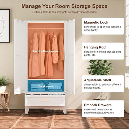 YAUWOH Farmhouse Wardrobe Cabinet with One Drawers,Metal Wardrobe Closet with Hanging Rod,Metal Armoire with Adjustable Shelves for Bedroom,Cloak Room,Office (White)
