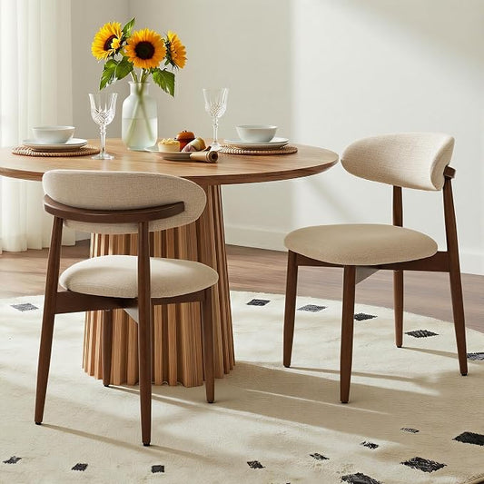 COLAMY Mid-Century Modern Wooden Dining Chair Set of 2, Indoor Upholstered Kitchen Chairs with 2.6" Cozy Padded Seat, Walnut Finish Side Dining Chair for Dining Room & Kitchen, Beige