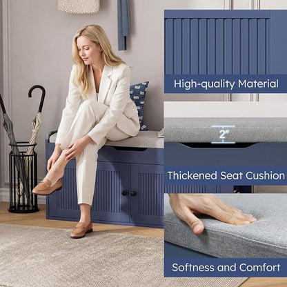 40" Storage Bench - Entryway Shoe Bench with 3 Doors and Top Storage Area, Multifunctional Entryway Bench with Lift Top Cushion, Shoe Storage Bench for Bedroom, Living Room, Navy Blue