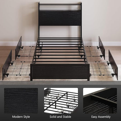 VINGLI LED Twin Bed Frame with 4 Storage Drawers and Adjustable Headboard Shelf, Metal Platform Panel Bed with Charging Station for Kids Teens, Adults, No Box Spring Needed, Black